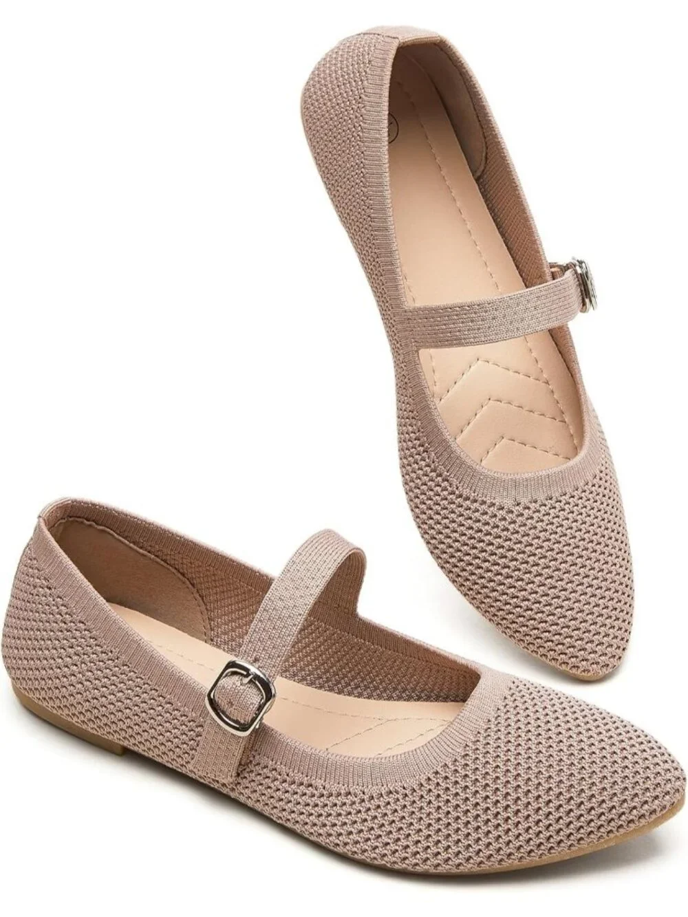 Women's Mock Knit Mesh Ballet Flats Foldable With Buckle Strap Comfortable Shoes